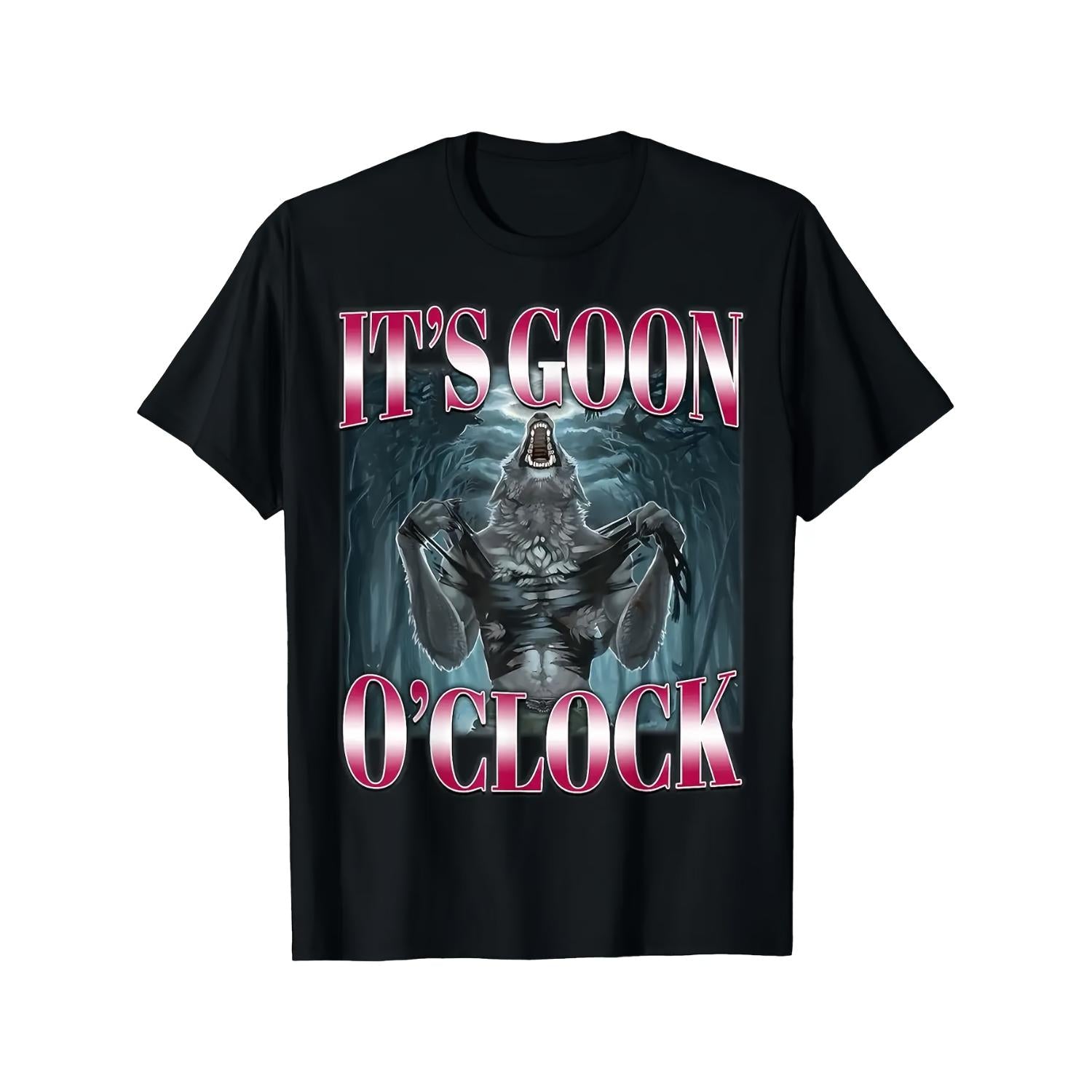Humorous Alpha Wolf Meme T-Shirt for Men and Women Featuring Goon O Clock Slogan and Internet Meme Humor with Casual Short Sleeve Round Neck Design