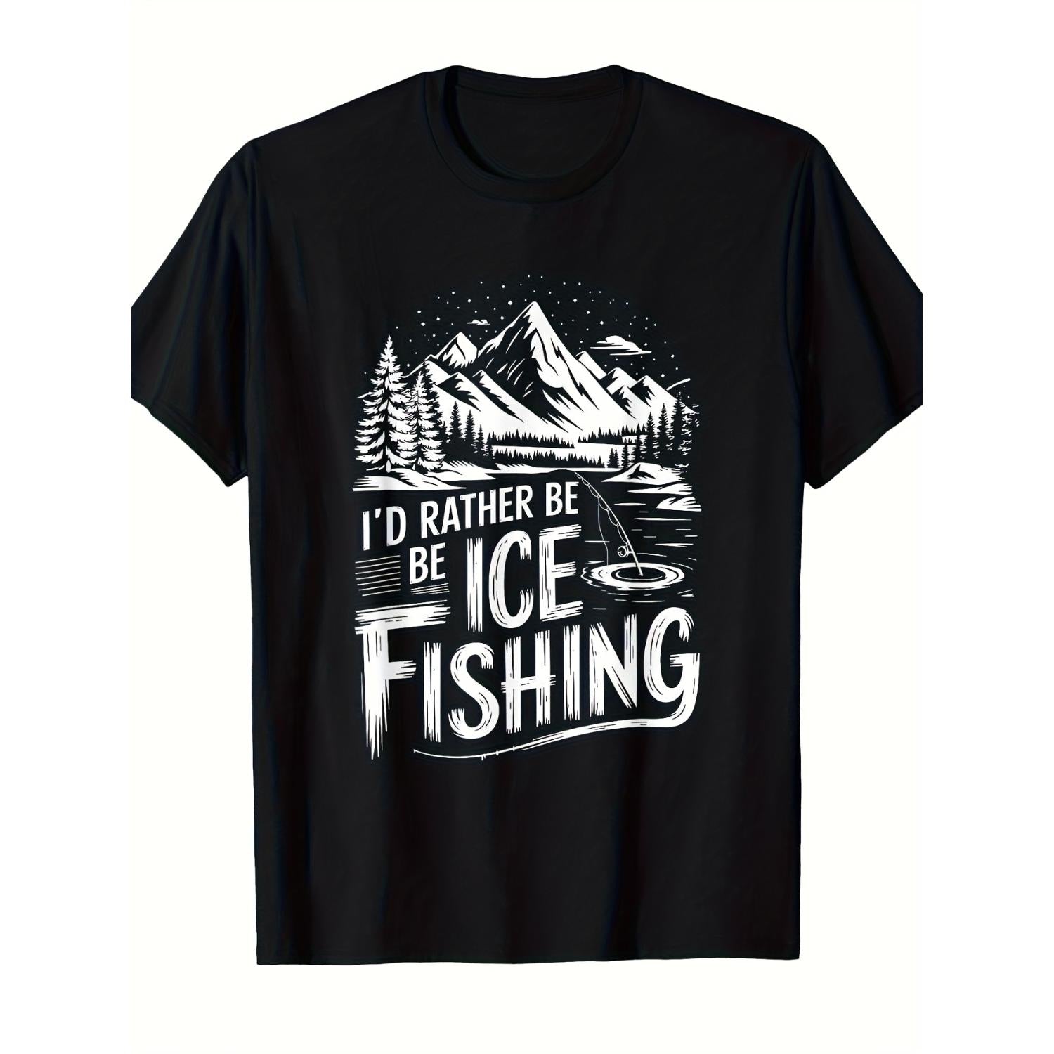 Unisex Heavyweight 220gsm Ice Fishing T Shirt All Season Graphic Tee Featuring Ice Hole Fish and I D Rather Be Ice Fishing Slogan