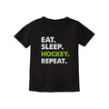 Men S Ice Hockey Graphic T Shirt Eat Sleep Hockey Repeat Slogan and Player Design Retro Sportswear for Training Running Casual Wear All Season Comfort Fit Hockey Gift for Players and Fans Black with Green Yellow Print