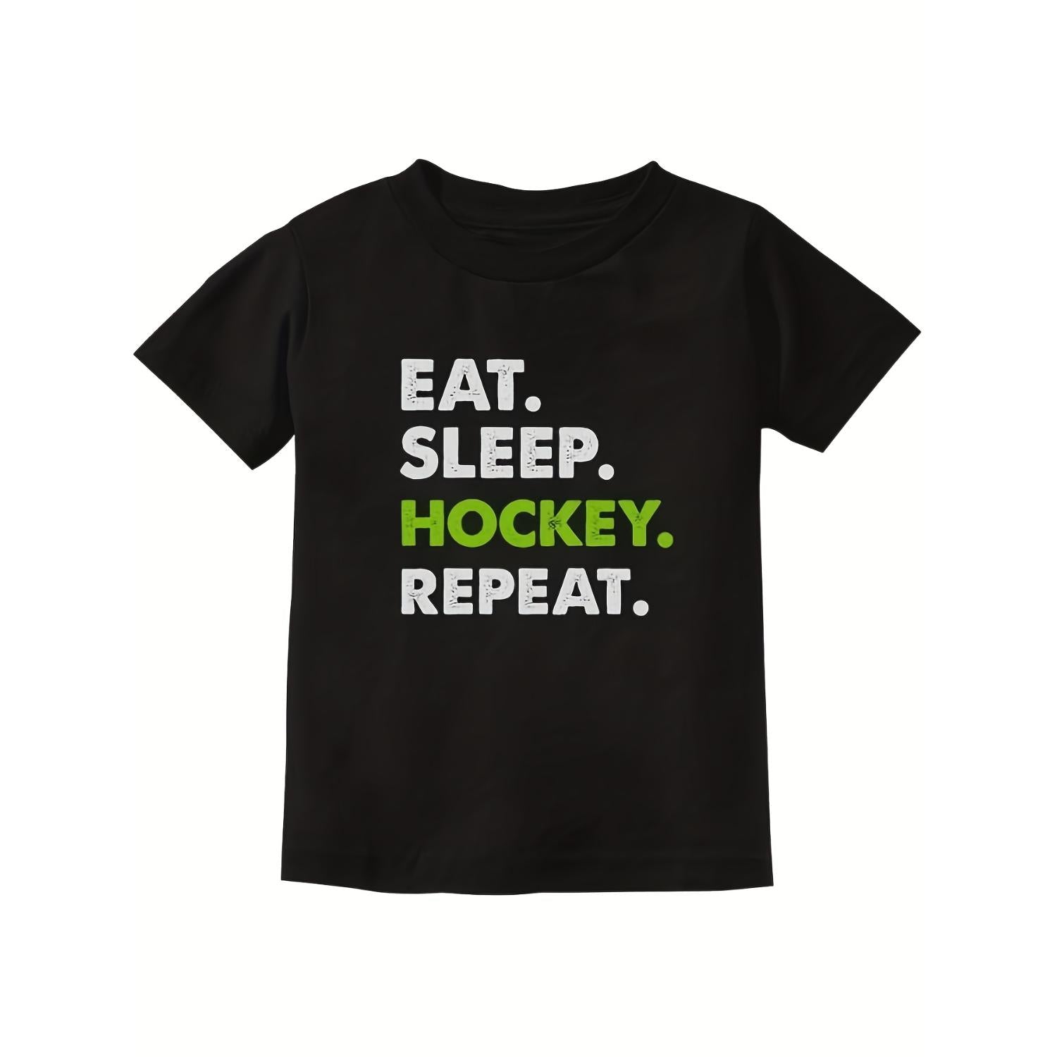 Men S Ice Hockey Graphic T Shirt Eat Sleep Hockey Repeat Slogan and Player Design Retro Sportswear for Training Running Casual Wear All Season Comfort Fit Hockey Gift for Players and Fans Black with Green Yellow Print