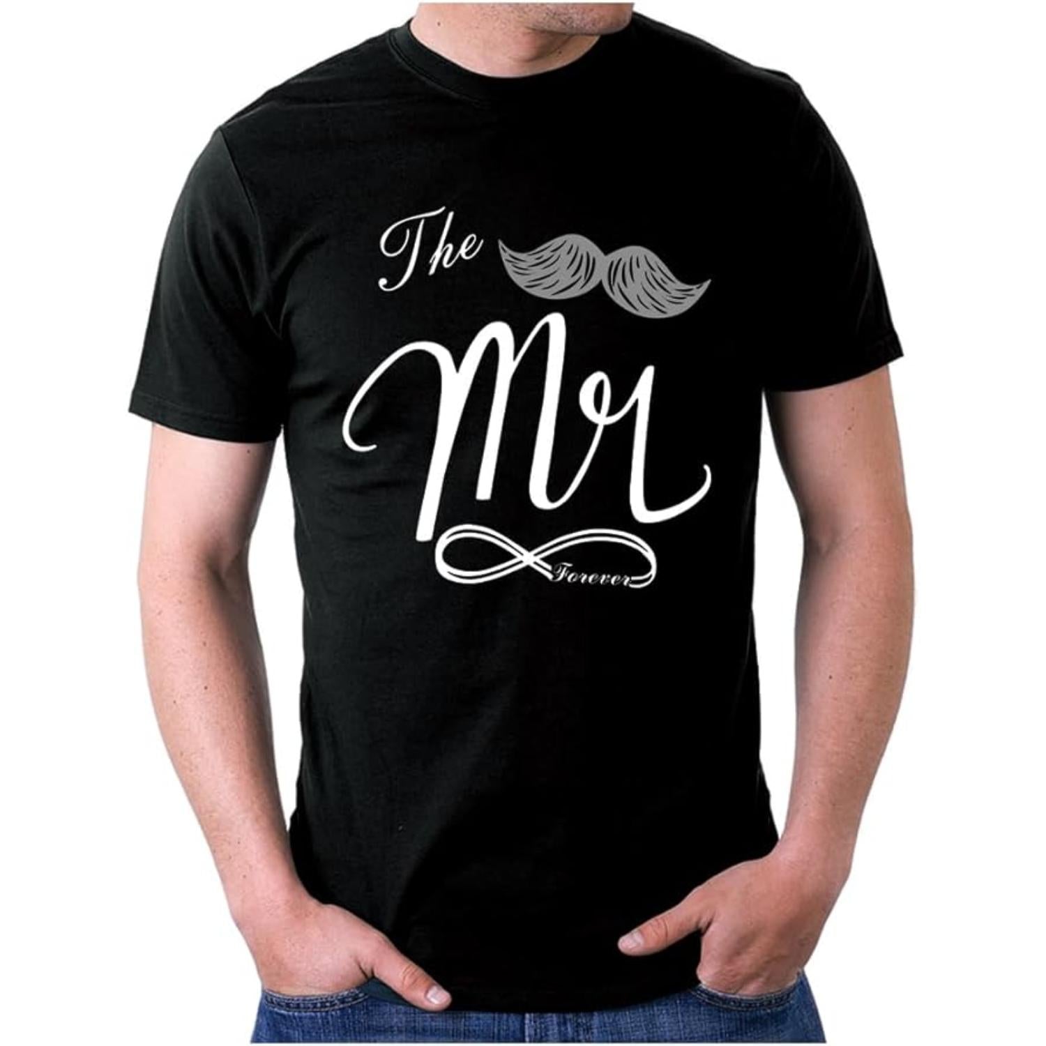 Men's Black Cotton Graphic Short Sleeve T Shirt for Couples Matching Wedding and Valentine's Day Festivities