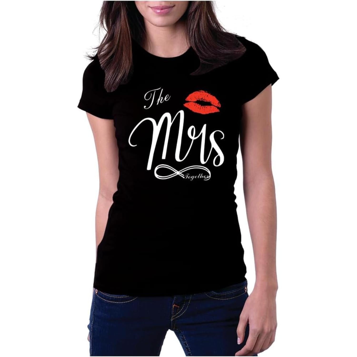Mrs Red Lip Print Women's Black Cotton Short Sleeve T Shirt Perfect for Couple Matching Weddings and Valentine's Day