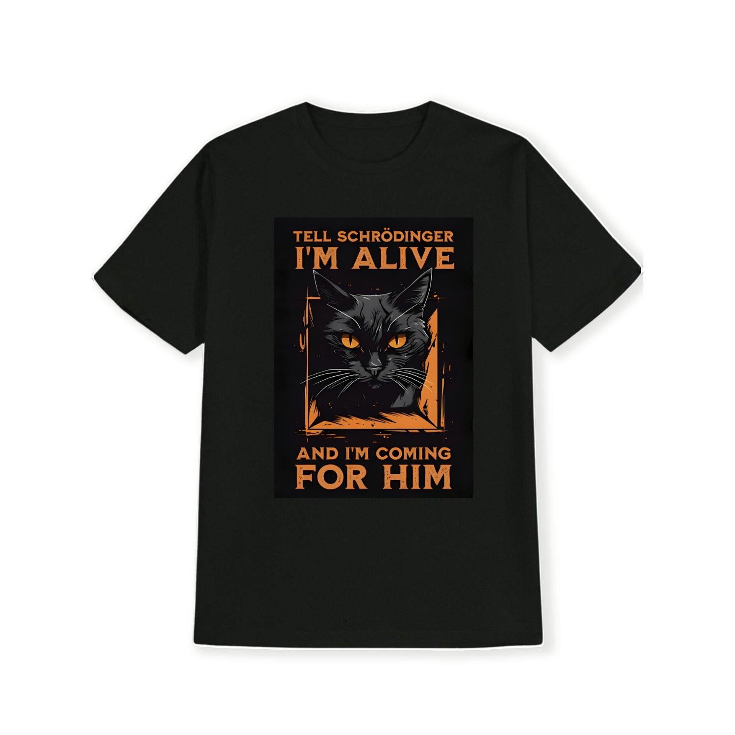 Quantum Mechanics Meme Print Casual Crew Neck T-Shirt Featuring Schr?dinger's Cat Pattern Perfect for Quantum Enthusiasts Unique Gift for Friends and Halloween Party Novelty Top
