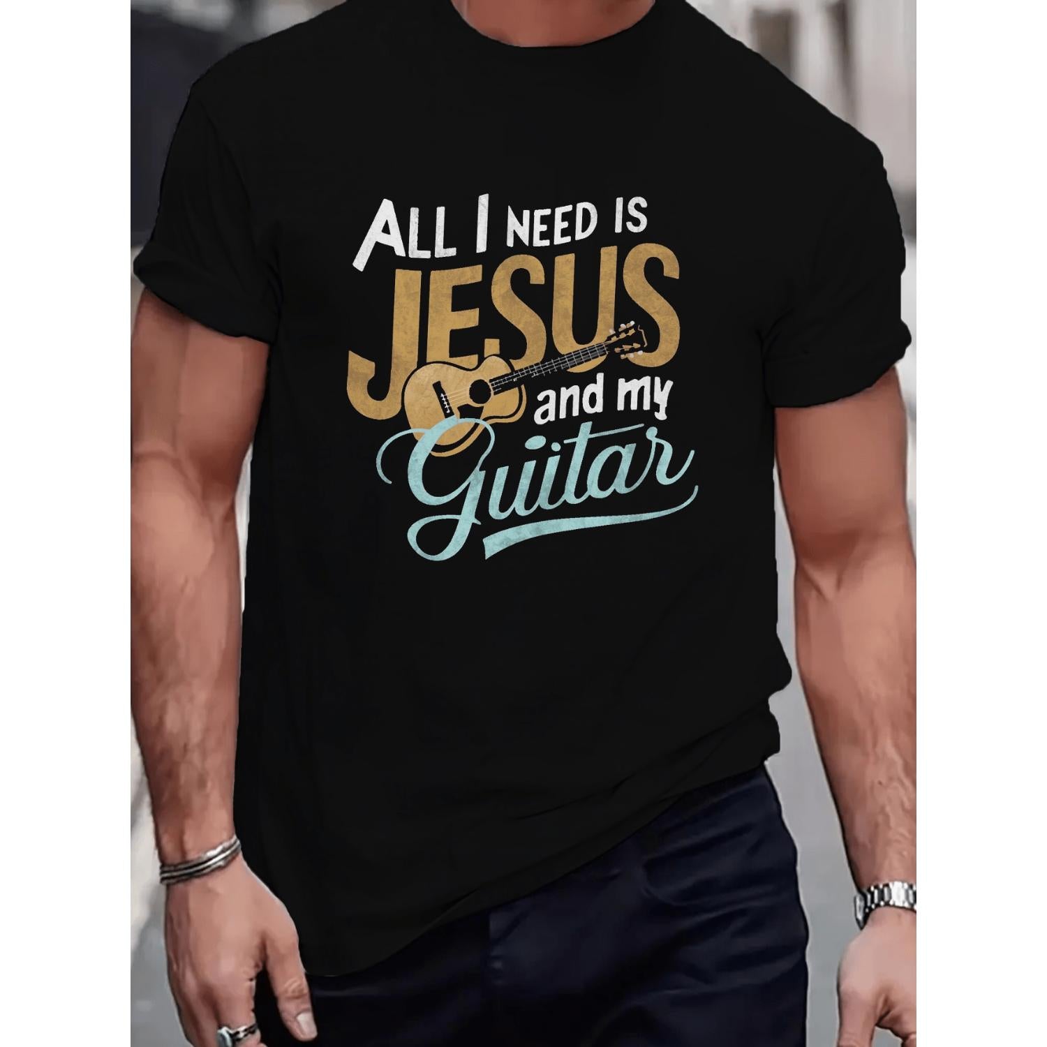Plus Size Casual Short Sleeve T Shirt for Larger Men with Guitar Graphic Ideal for Summer and Daily Wear