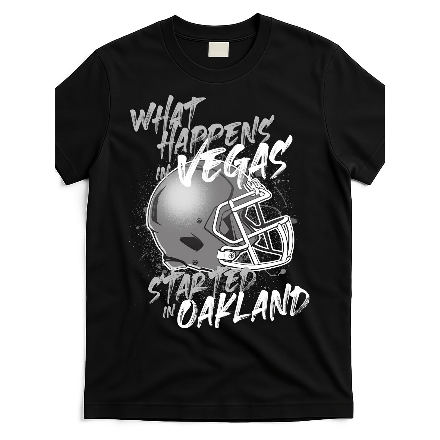 What Happens in Vegas Started in Oakland Retro Streetwear T Shirt Featuring Football Helmet Design Unisex Cotton Round Neck Short Sleeve Casual Top