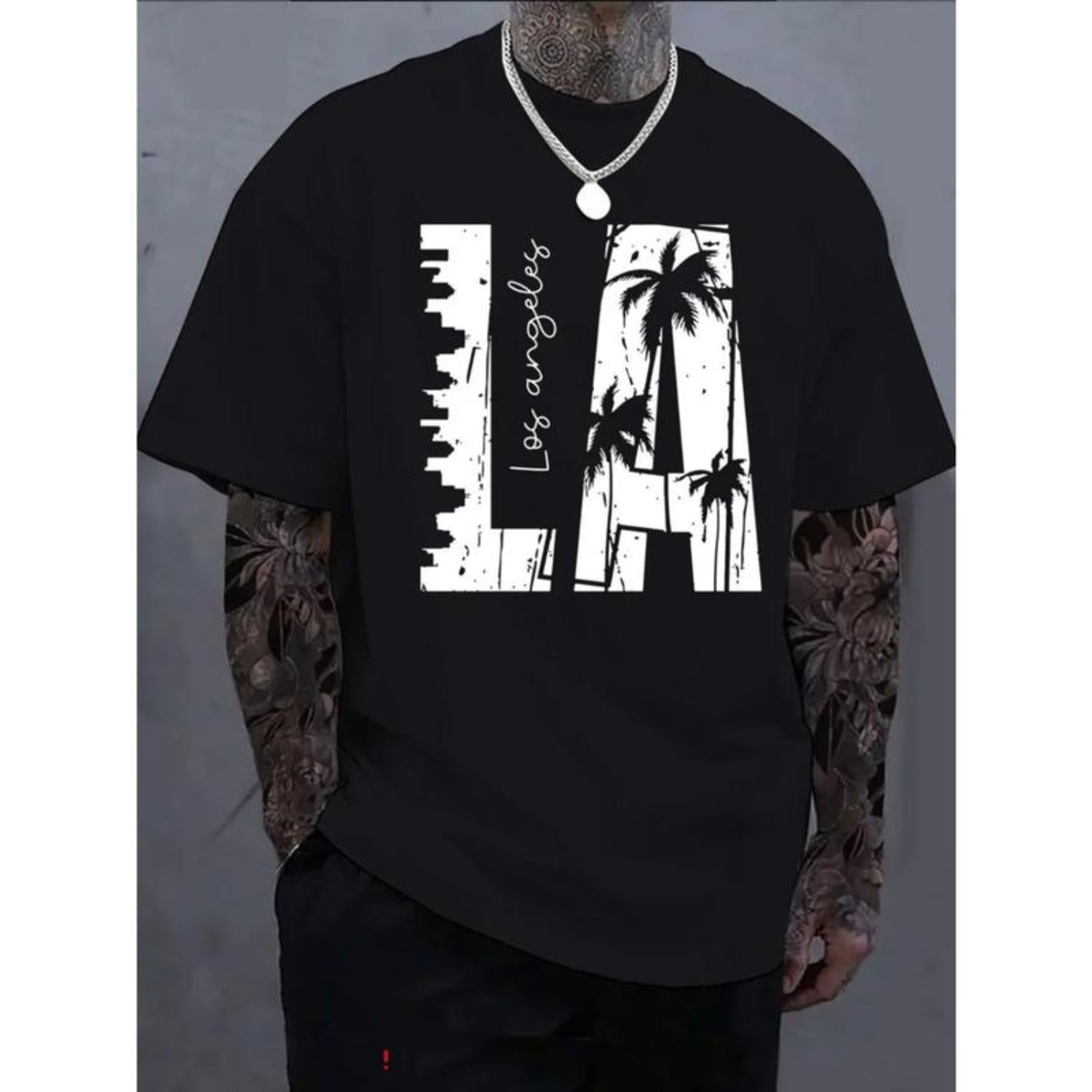 Mens Cotton Casual Short Sleeve TShirt Featuring Loose Fit Round Neck Black Palm Tree Graphic and LA Print Breathable Summer Top Perfect for Gift and Vacation