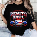 Pure Cotton Black T Shirt Featuring I M Here For The Benito Bowl Puerto Rico Flag Football Helmet Design For Football Enthusiasts And Events