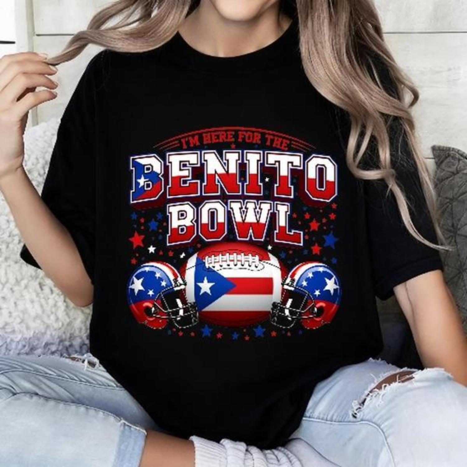 Pure Cotton Black T Shirt Featuring I M Here For The Benito Bowl Puerto Rico Flag Football Helmet Design For Football Enthusiasts And Events