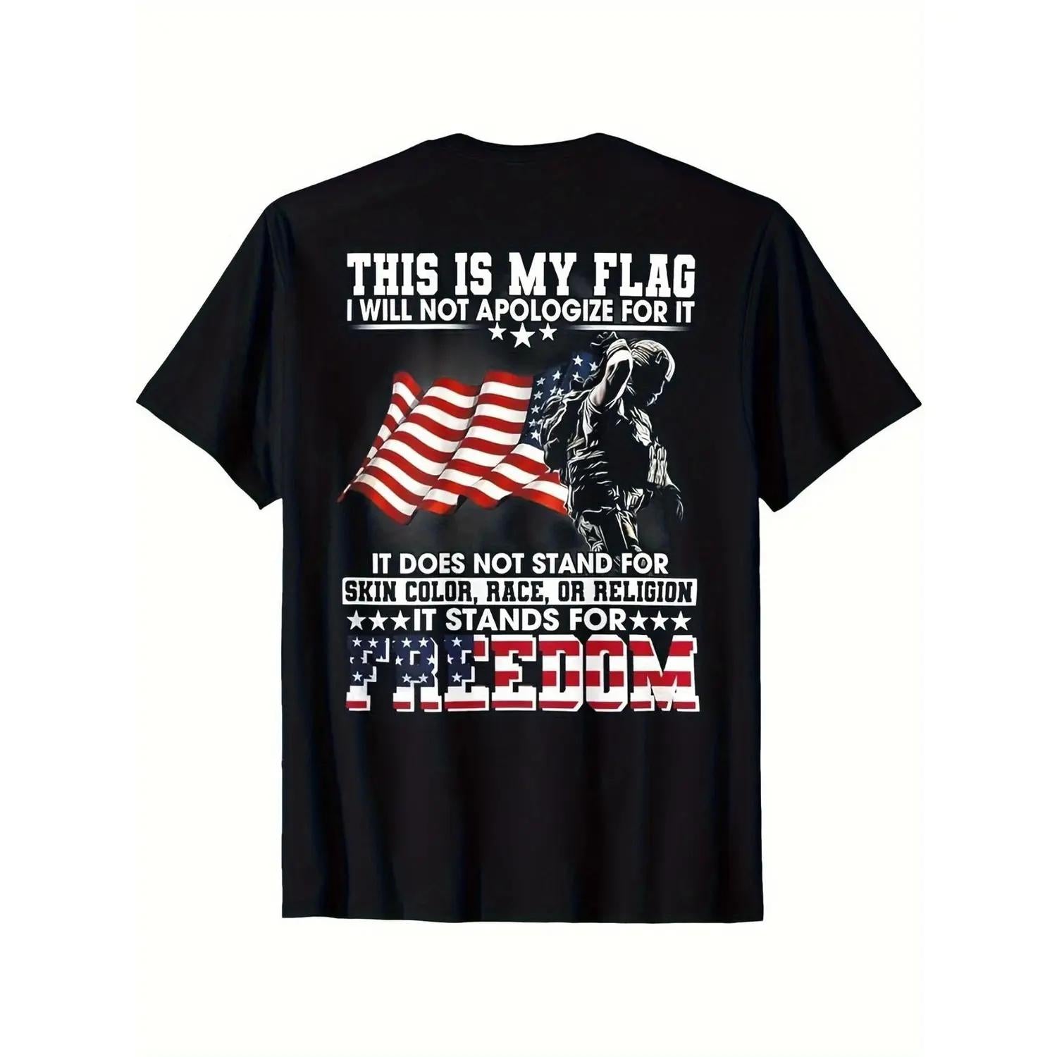 Vintage Patriotic American Flag and Soldier Print Casual T Shirt with Bold Stand for Freedom Slogan Unisex Short Sleeve Cotton Tee Perfect Gift for Family and Friends