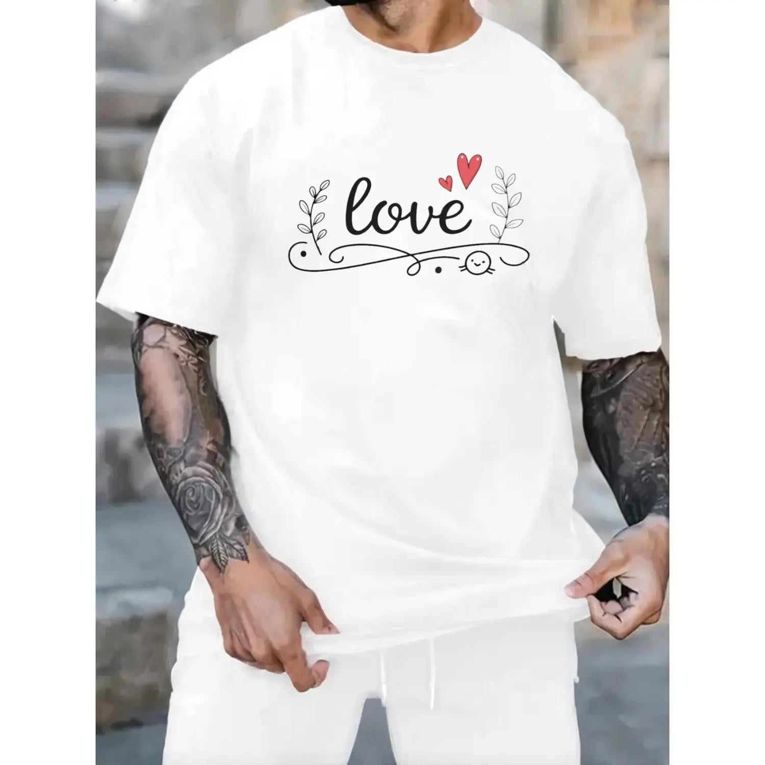 Mens Casual White TShirt Featuring Playful Heart Prints Perfect for YearRound Comfort