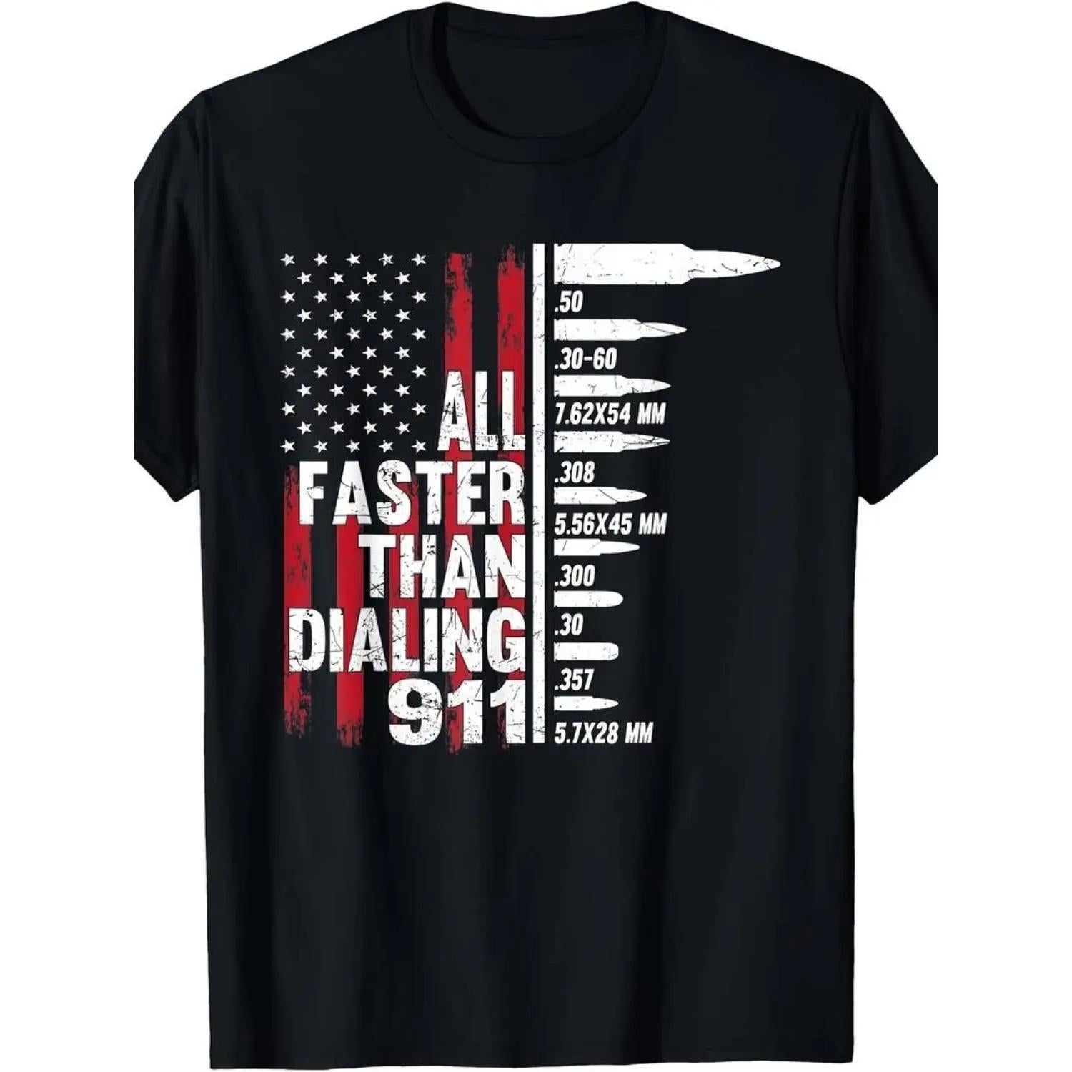 Premium 100 Cotton American Flag Gun Lover T Shirt Ideal Golf Gift for Men and Women Faster Than Dialing 911