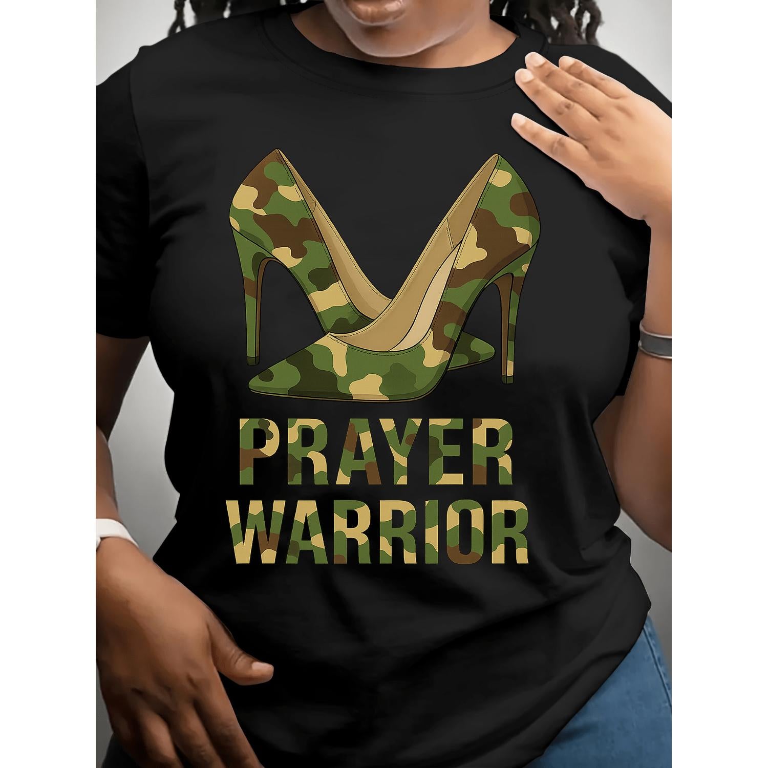 Camouflage Hair High Heels Women's Short Sleeve Shirts Casual Round Neck Tops for Spring and Summer Patterned Printed T Shirts