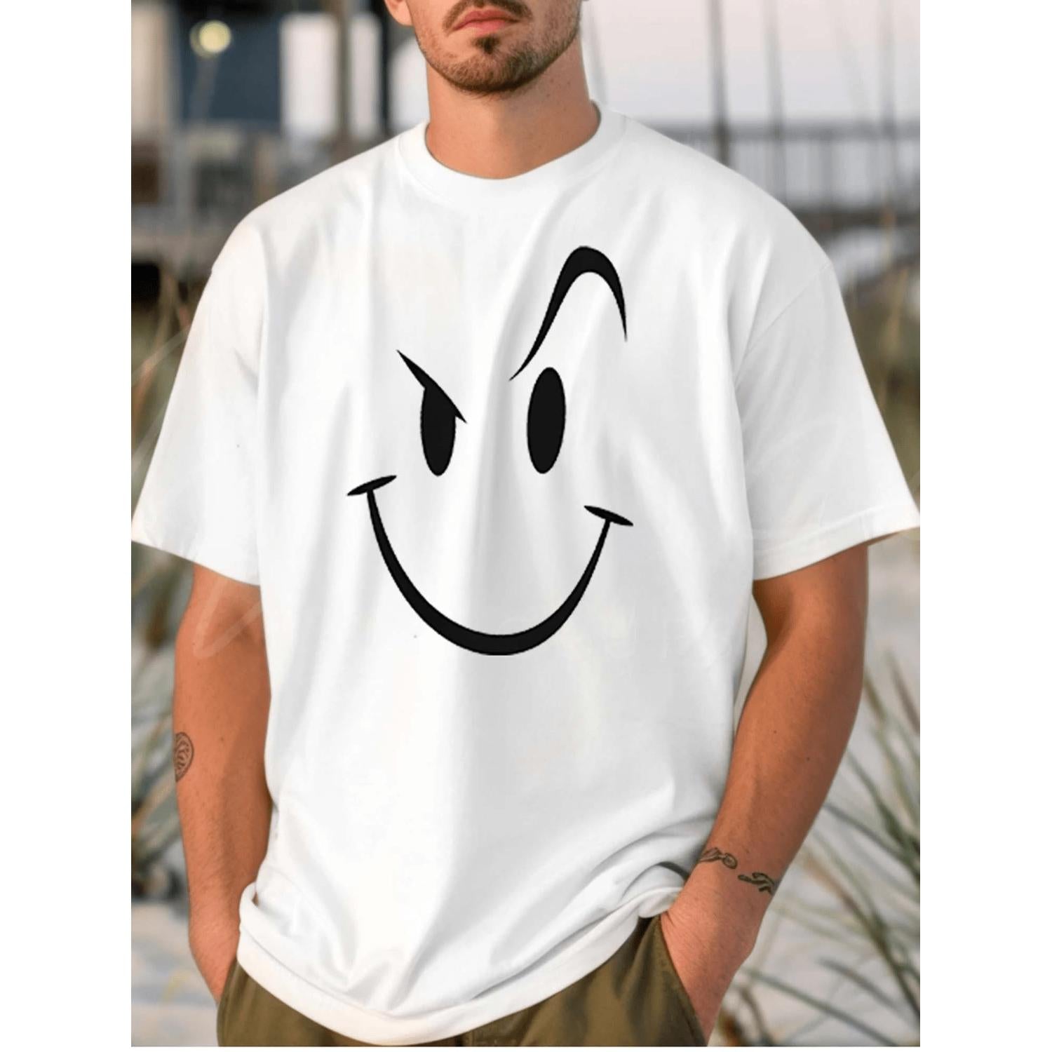 Pure Cotton White T Shirt for Men Featuring a Simple and Bold Smiling Face Design