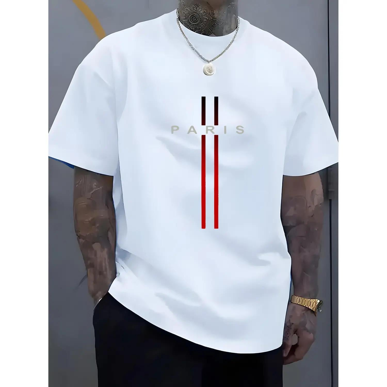 Casual Men's Cotton Crew Neck T Shirt Loose Fit Short Sleeved Geometric Pattern Summer Top White Tee