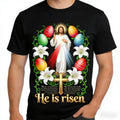 He Is Risen Easter TShirt Featuring Empty Tomb Angels Doves and Easter Eggs Perfect for Religious Worship Church Events and Holiday Celebrations