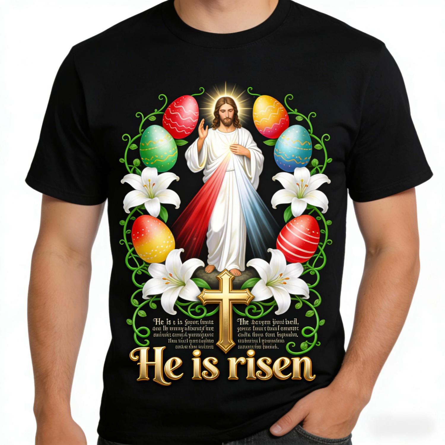 He Is Risen Easter TShirt Featuring Empty Tomb Angels Doves and Easter Eggs Perfect for Religious Worship Church Events and Holiday Celebrations
