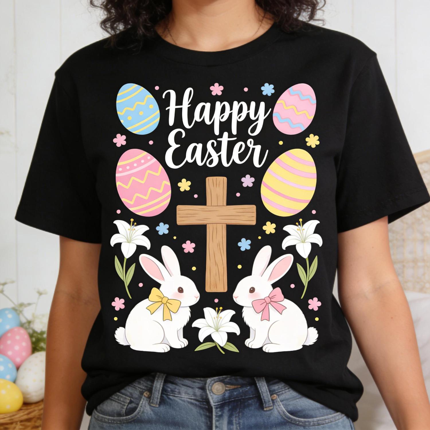 Easter Cross and Double Bunnies TShirt Featuring Wooden Cross with Lilies Eggs and Florals FaithBased Family Attire Ideal for Church and Spring Celebrations