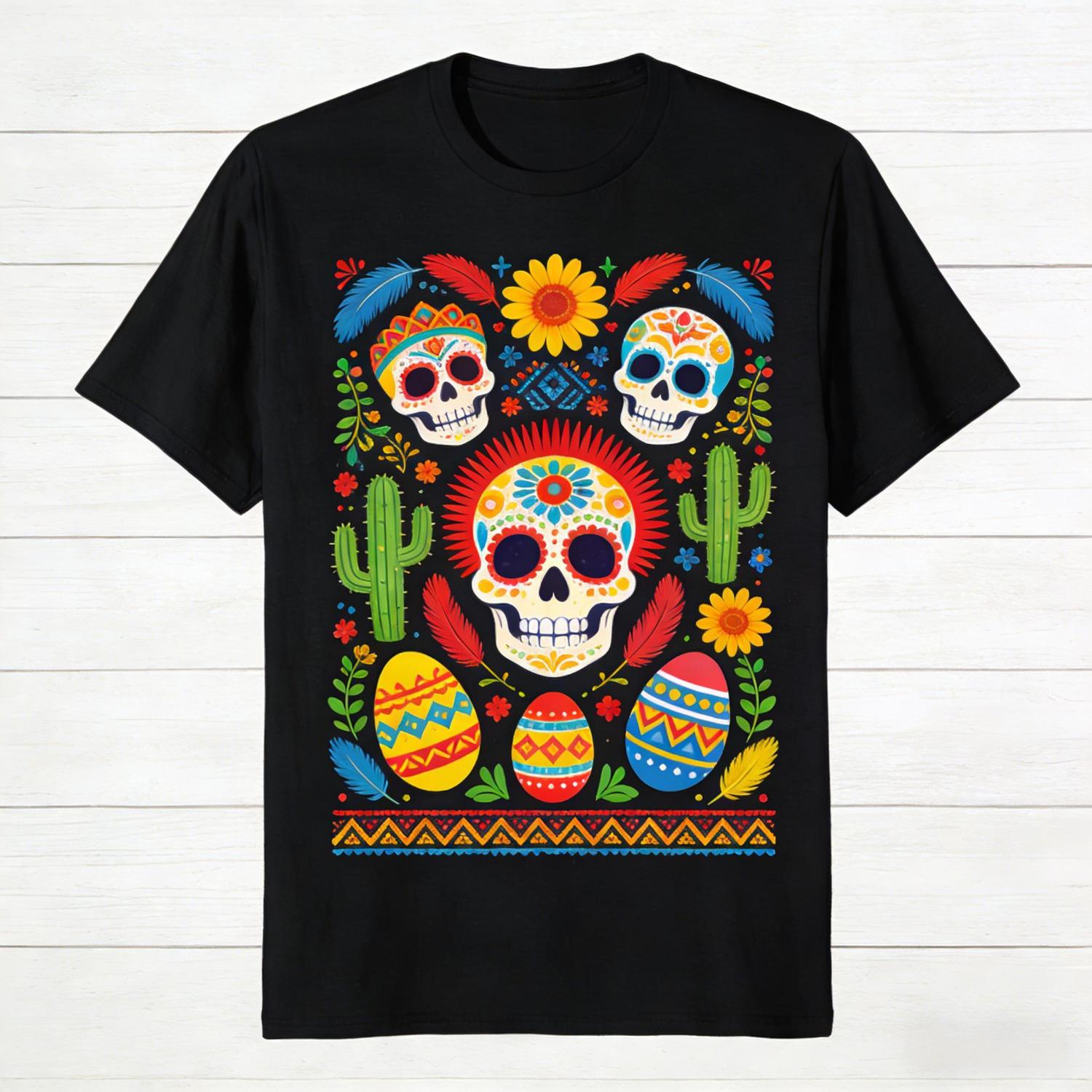 Vibrant Day of the Dead and Easter TShirt Featuring Sugar Skulls Easter Eggs and Cacti Ideal Holiday Wear for Both Genders