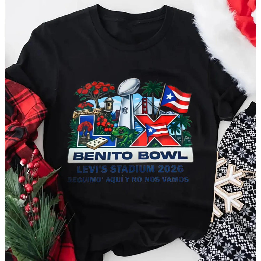 Oversized Benito Bowl TShirt with Festive Christmas Print Unisex Graphic Tee for Game Day Casual Streetwear Sports Fan Holiday Outfit Gift for Him and Her