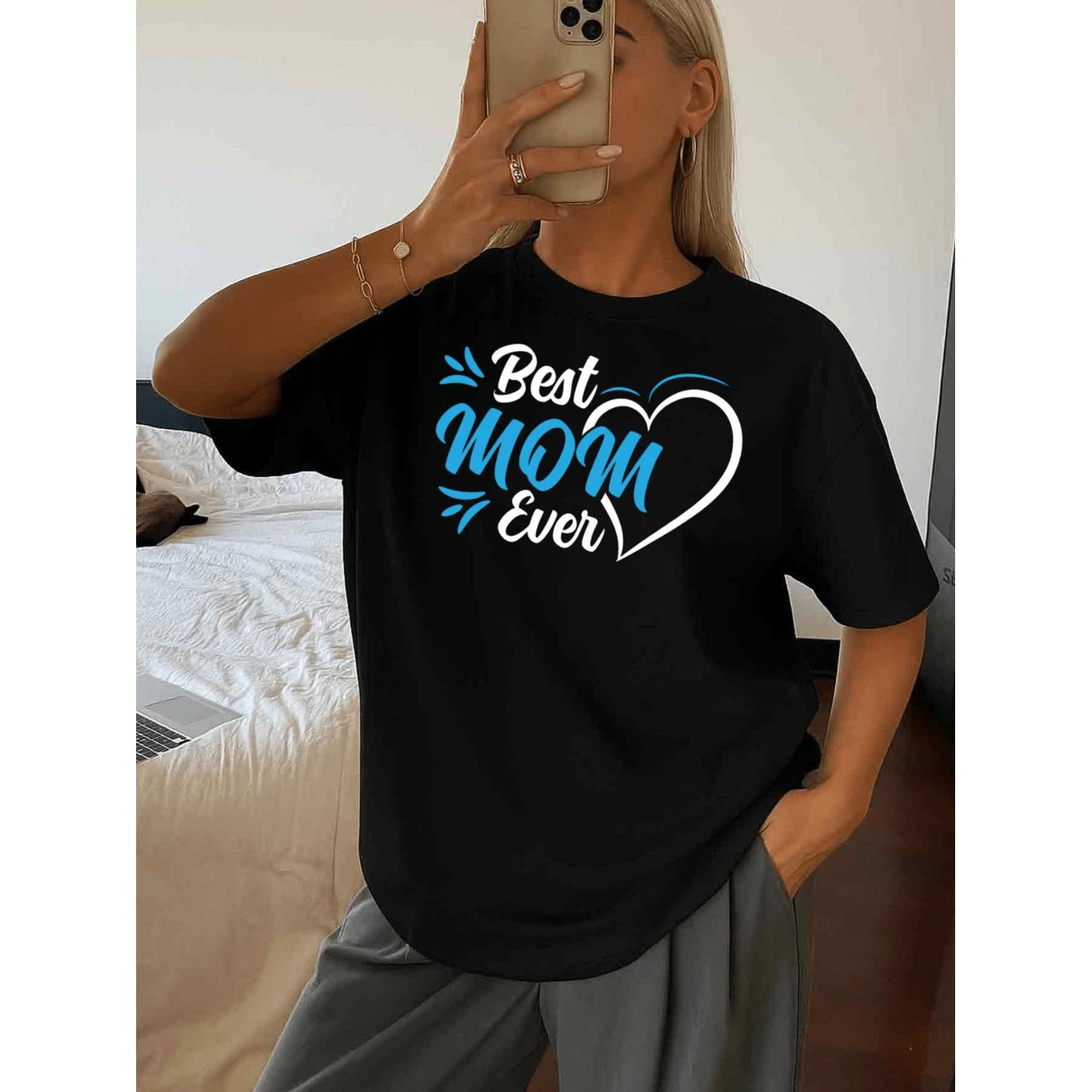 Women S Humorous Best Mom Ever Graphic Tee Black Casual Short Sleeve Round Neck Top Heart Lettering Daily and Weekend Wear
