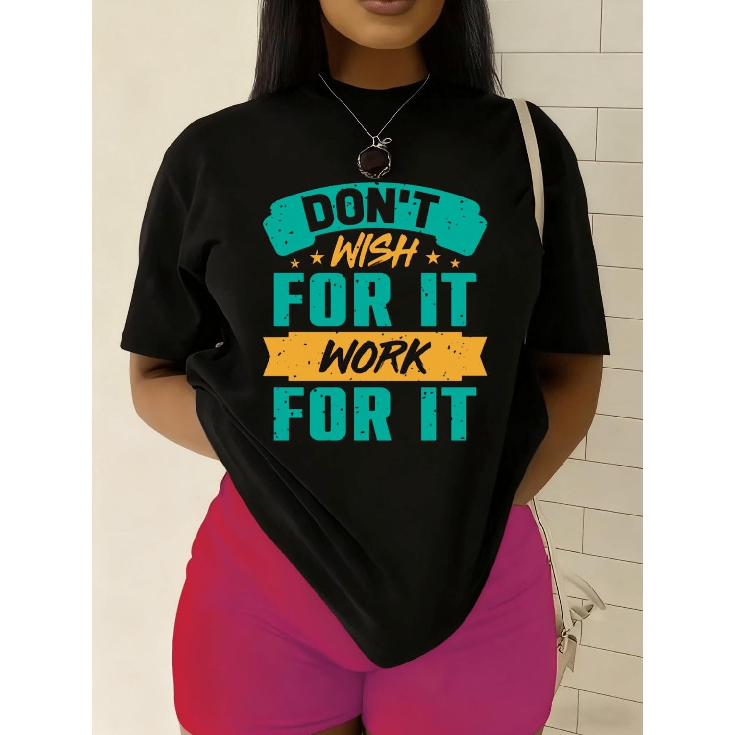 Women S Work Hard Dream Big Funny Motivational T Shirt Heavyweight 180gsm Casual Round Neck Short Sleeve Tee with Dont Wish for It Work for It Slogan and Progress Bar Graphic Comfortable All Season Wardrobe Essential