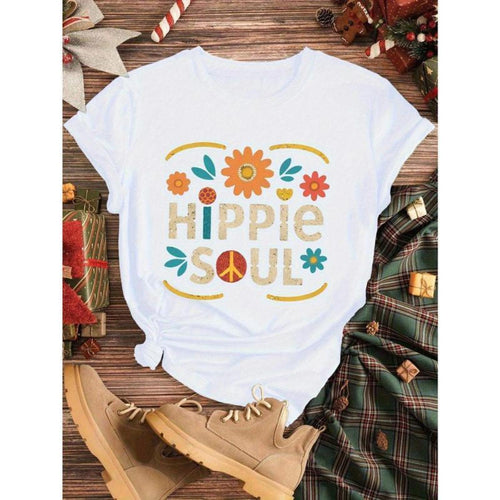 Bold Style Women's TShirt Featuring Colorful Florals and Peace Logo Pattern Casual ShortSleeved Crew Neck Hippie Outfit