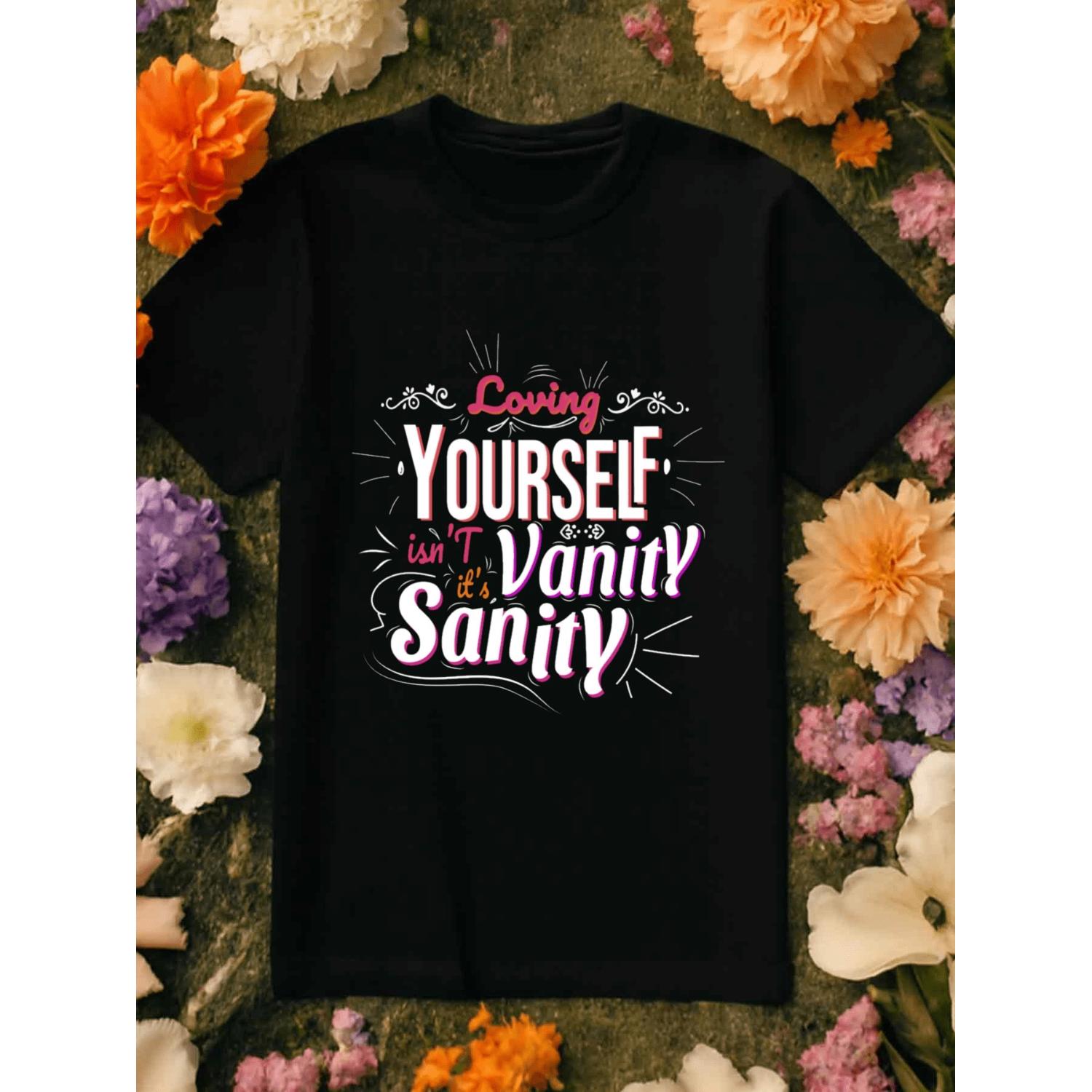 Women S Funny Self Love Slogan T Shirt 100 Percent 180GSM Heavyweight Black Casual Round Neck Short Sleeve Top Featuring Loving Yourself Isn T Vanity It S Sanity Print Trendy Everyday Positive Affirmation Tee for Women Perfect Self Love Gift