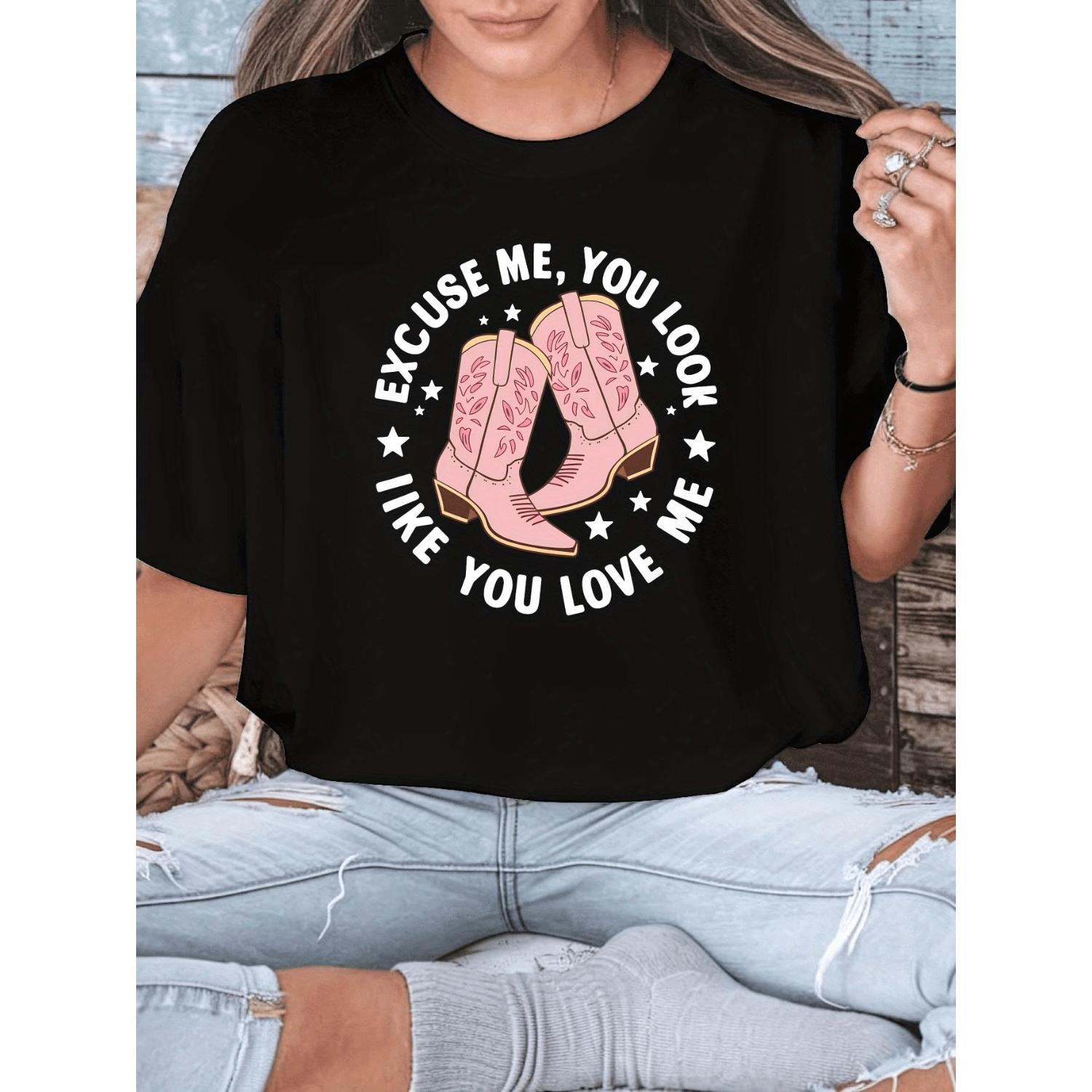 Humorous Sorry My Boyfriend Loves Me Slogan Plus Size Women's TShirt with Cowboy Boot Graphic Vibrant Orange Casual Short Sleeve Spring Summer Outfits