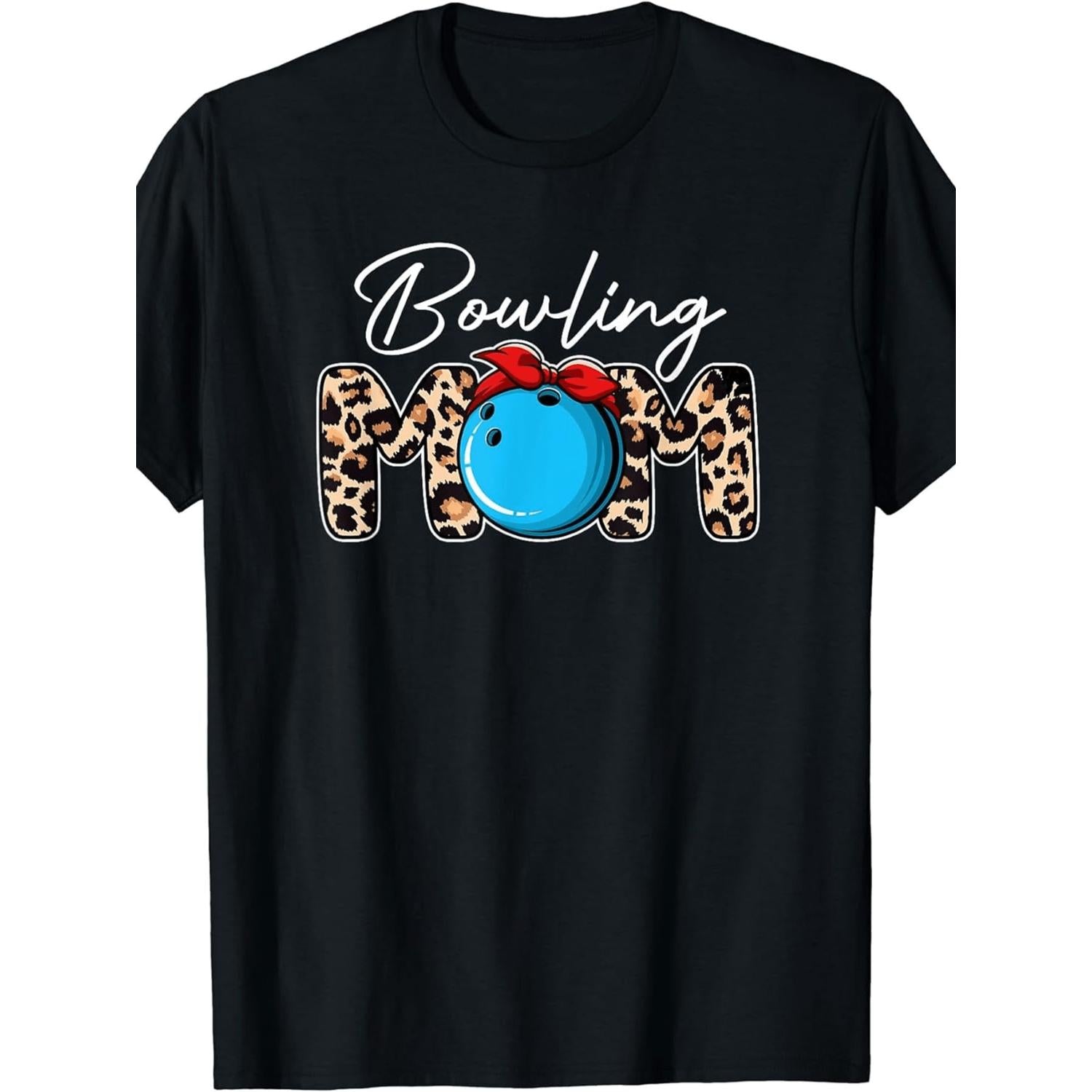 Women's Cute Leopard Print Bowling Mom T-Shirt Heavyweight Black Short Sleeve Round Neck Plus Size Casual Top with Bowling Pin and Graphic Machine Washable Perfect for Bowling Parties Mothers Day and Christmas Gift for Bowling Enthusiasts