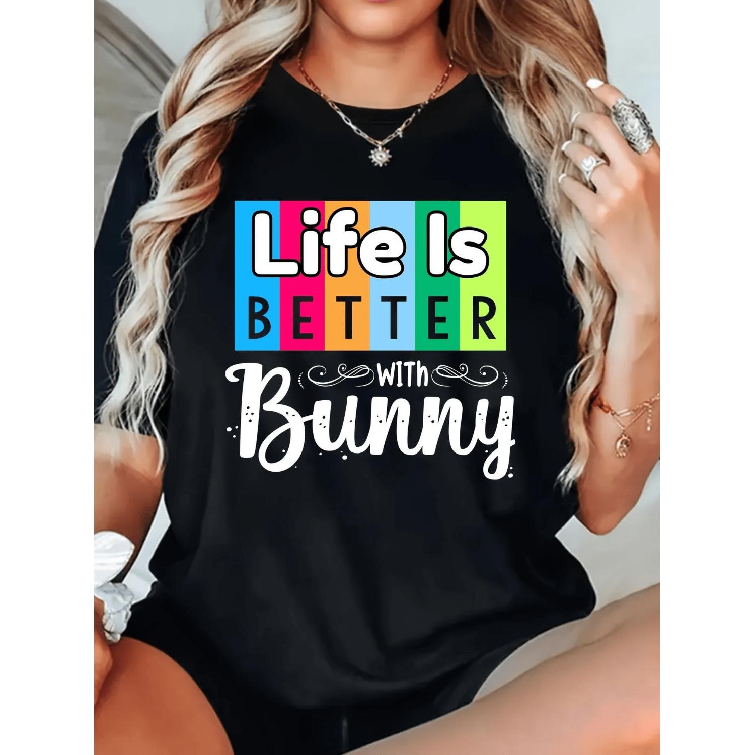 Plus Size Women's Soft Round Neck T Shirt Featuring Colorful Bunny Graphic and Inspirational Quote for Casual Spring Summer Wear