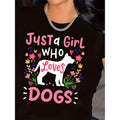 Vintage Women's Dog Lover T Shirt Just A Who Loves Dogs Pink And Black Short Sleeve Tee Featuring Poodle Silhouette And Paw Print Hearts Casual Pet Owner Gift For Dog Walking Funny T Shirt