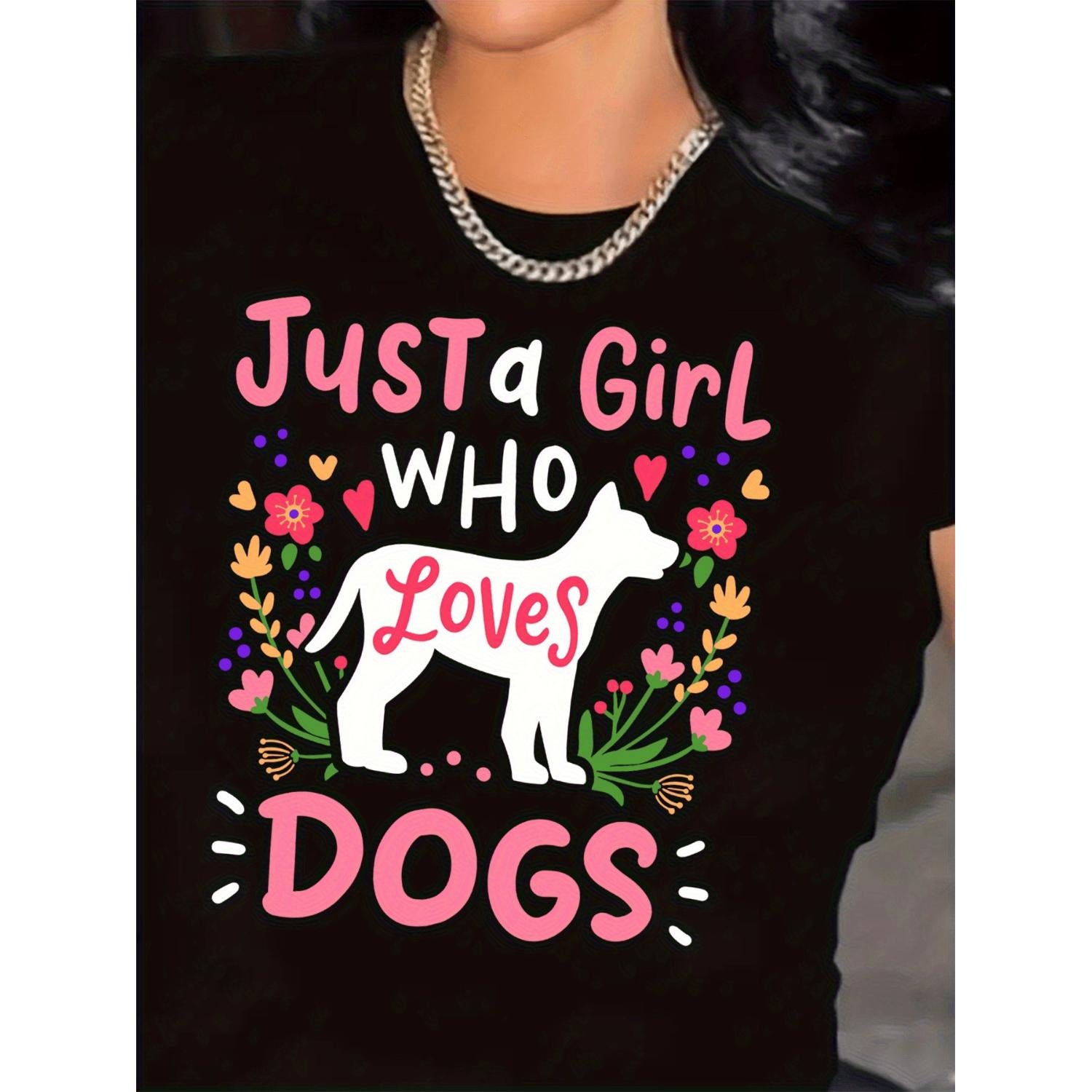 Vintage Women's Dog Lover T Shirt Just A Who Loves Dogs Pink And Black Short Sleeve Tee Featuring Poodle Silhouette And Paw Print Hearts Casual Pet Owner Gift For Dog Walking Funny T Shirt