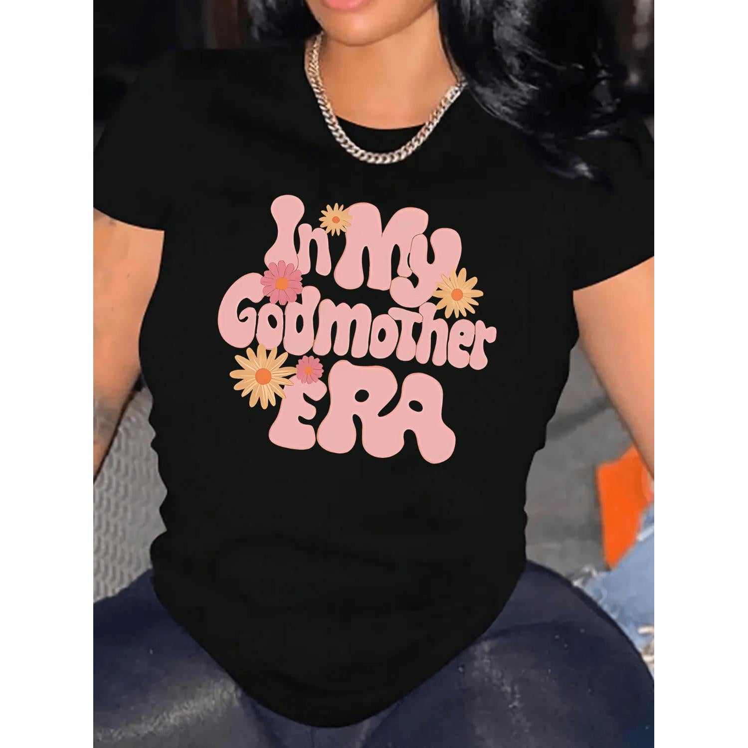 Plus Size Womens Humorous Graphic T Shirt in My Godmother Era Black Pink Lettering Casual Birthday Gift Suitable for Daily Wear Machine Washable