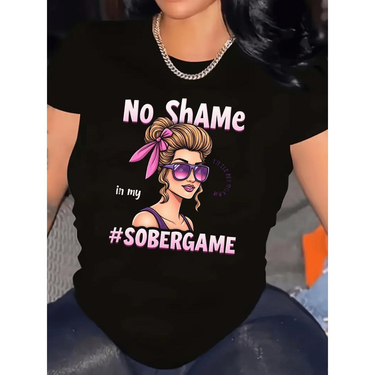 Plus Size Womens No Shame In My Sober Game Graphic T Shirt Black Casual Round Neck Tee with Pink Lettering and Cartoon Design Hand Wash Only